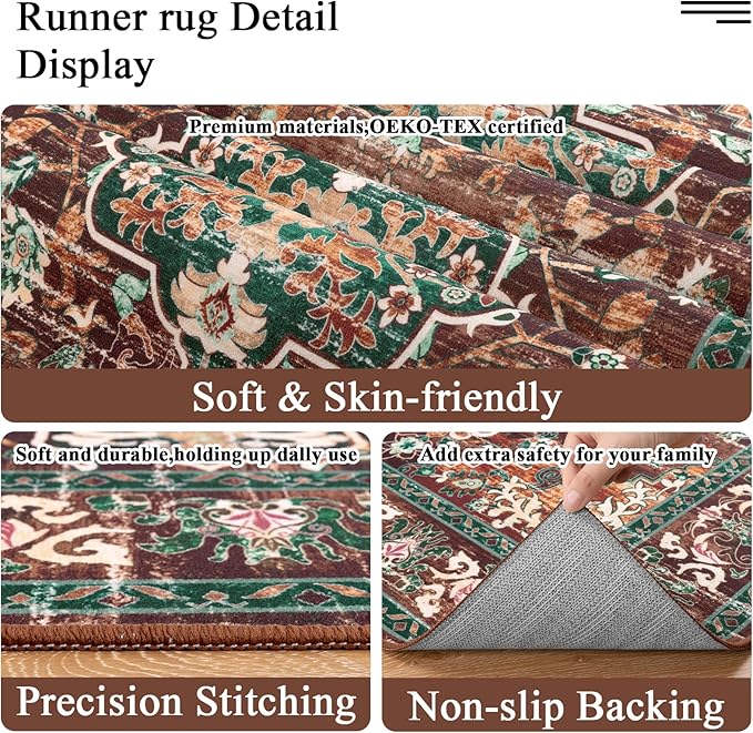 U'Artlines 3' x 16' Boho Hallway Runner Rug, Rust Non Slip Washable Vintage Farmhouse Accent Rug Carpet for Kitchen Entryway Laundry and Living Room (Rust＆Teal)