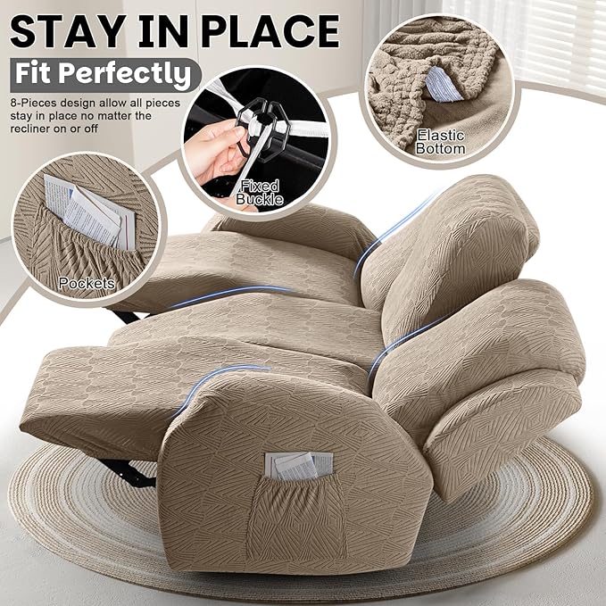 VANSOFY Recliner Couch Cover, 8-Pieces Stretch Recliner Sofa Cover Soft Jacquard Reclining Slipcover Furniture Protector with Elastic Bottom for Kid, Pets(3 Seat,Khaki)