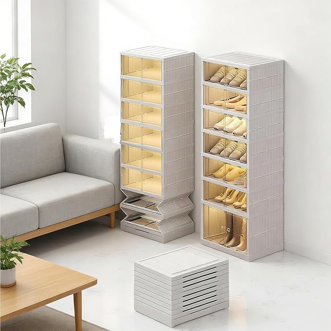 6Tier Foldable Shoe Rack Organizer for Closet,12Pairs Collapsible Plastic Shoe Shelf,Large Shoes Cabinet with Door,Clear Stackable Storage Box Easy Assembly,for Living Room (6Tier12Pairs Cream White)