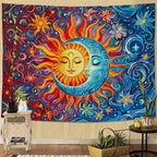 Sun and Moon Tapestry Boho Hippie Orange Red Blue Floral Tapestry for Bedroom Aesthetic Abstract Plant Flowers Stars Small Tapestries Wall Hanging for Living Room Dorm 80 x 60 Inch