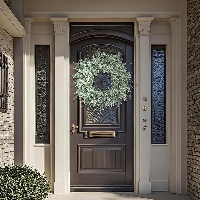 26'' Large Eucalyptus Wreath for Front Door, Porch- Artificial Eucalyptus and Lavender with Babys Breath Flowers Wreath for Home, Farmhouse Wall Decor- Spring, Summer, Fall, All Seasons (White-Green)