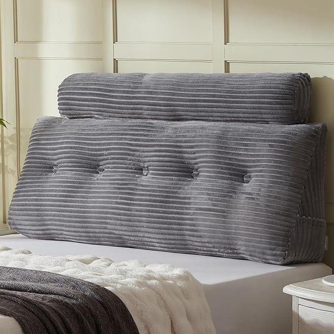 Headboard Wedge Pillow + A Long Neck Roll Pillow Body Pillow，Large Headboard Pillow with Removable Cover (Gray, Queen：59x8x20 inches)