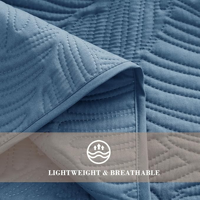 Exclusivo Mezcla Queen Quilt Bedding Set, Lightweight Bluish Grey Quilts Queen Full Size for All Seasons, Soft Microfiber Bedspreads Coverlets Bed Cover with Leaf Pattern, 3 Piece