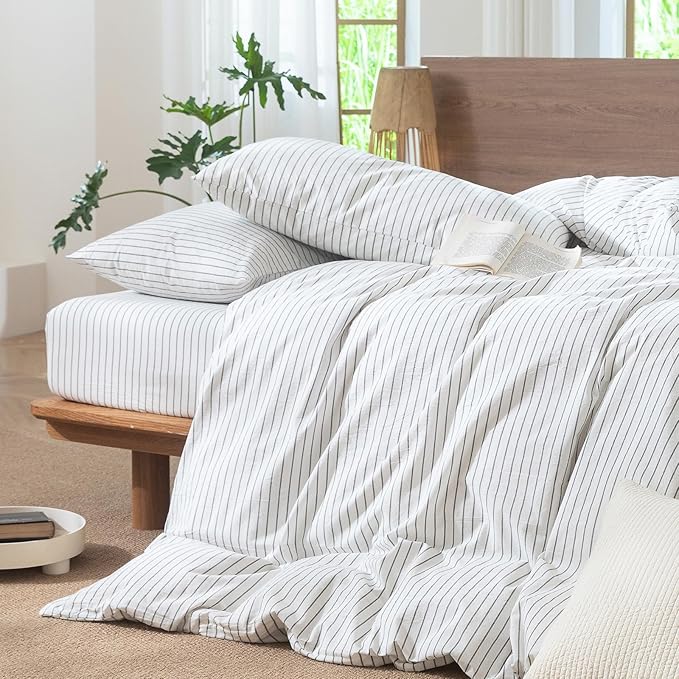 MooMee Striped Duvet Cover Set 100% Washed Cotton Linen Like Textured Breathable Durable Soft Comfy (White Heathered Green Wide Stripes, Full 80"x90")