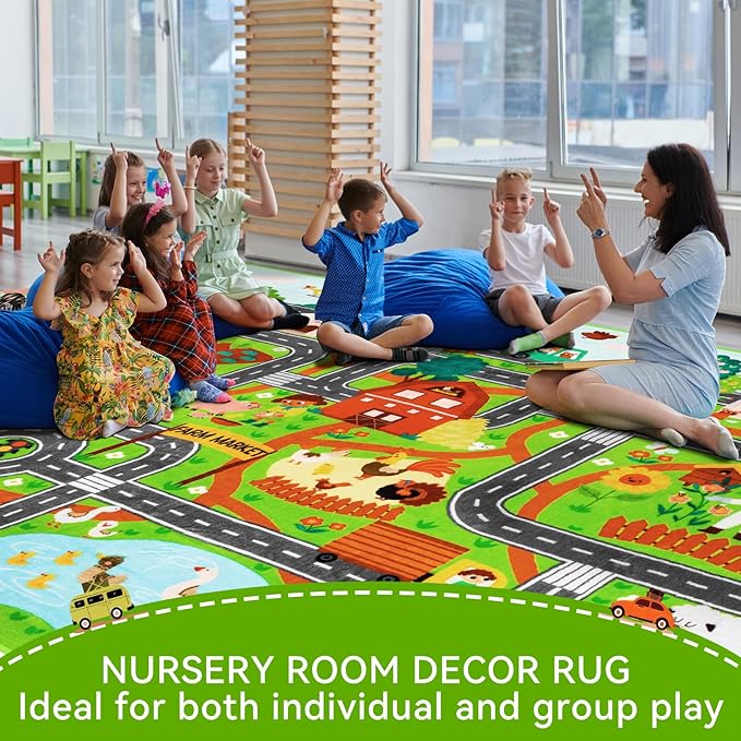 Kids Rug Play Mat for Toy Cars, 39.4" × 59" Farm Life Road Traffic for Playroom Kids Car Road Rugs Village Map Play Mat Non-Slip Washable Play Rug for Toddlers Boys Room Family Tummy Time Playtime