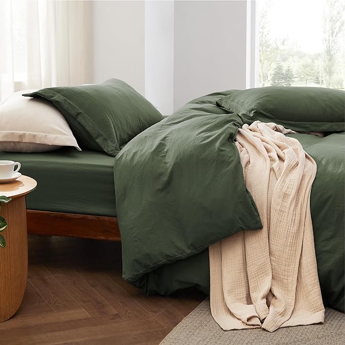 Bedsure Duvet Cover King Size with Fitted Sheet - 4 Pieces Prewashed Cotton-Like Polyester Extra Soft Bedding Set, Includes 1 Duvet Cover 104x90 Inches, 2 Pillow Shams, 1 Fitted Sheet, Olive Green