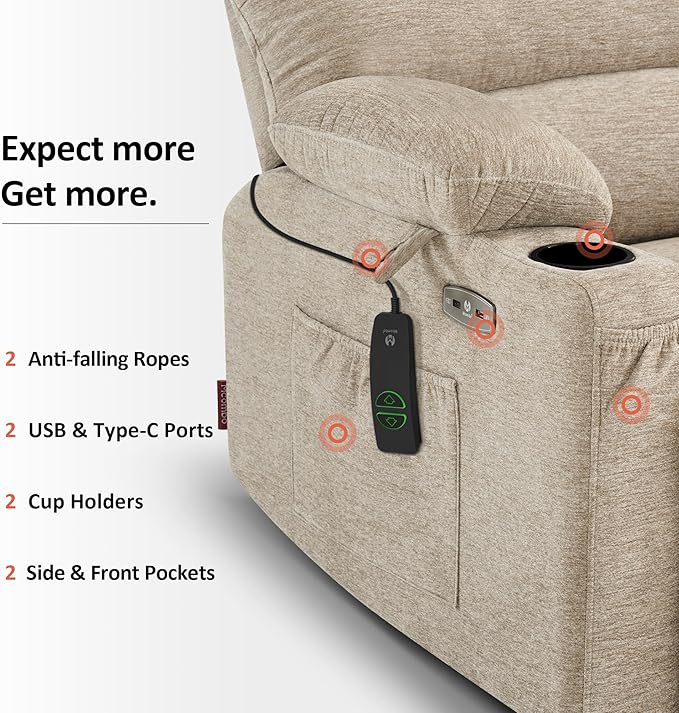 MCombo Large Power Lift Recliner Chair for Elderly, Lift Chair with Heat and Massage, 3 Positions, USB Charge Ports, Cup Holders, Fabric 7099 (Large, Beige)