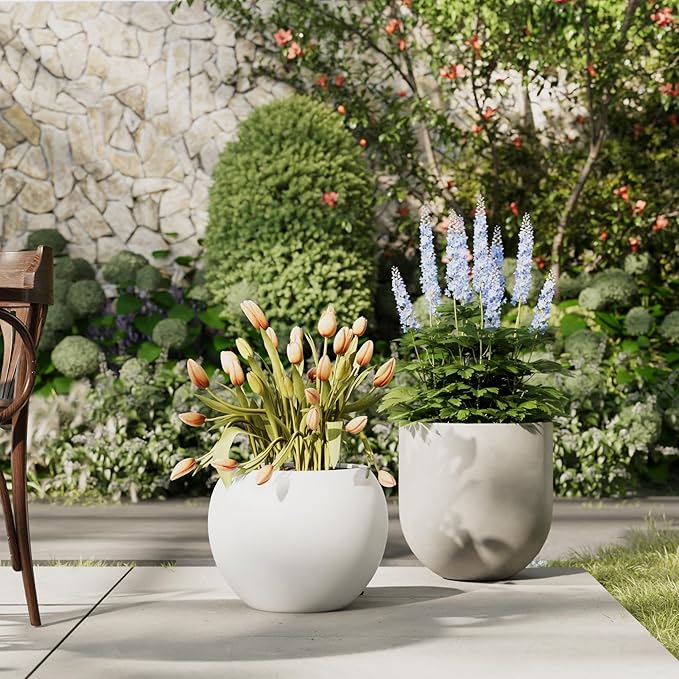 DTY Mount Sherman 21.1'' D x 16.7'' H (Pot Opening 14.6") Fiberstone Round Planter with Drainage Hole, Smooth Finishes, Weather Resistant for Indoor and Outdoor, 2 Extra Coco Mats - White, Large