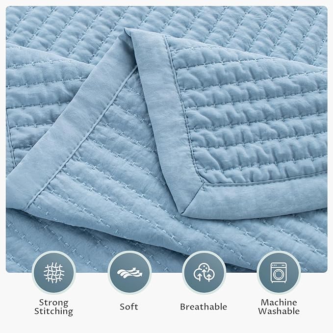 KASENTEX Oversized Queen Quilt Set 102"x106" – Soft Washed 3-Layer Lightweight Bedspread, Minimalist Nordic Design, All-Season Spring & Summer Quilt Set (1 Quilt + 2 Pillow Shams), Blue