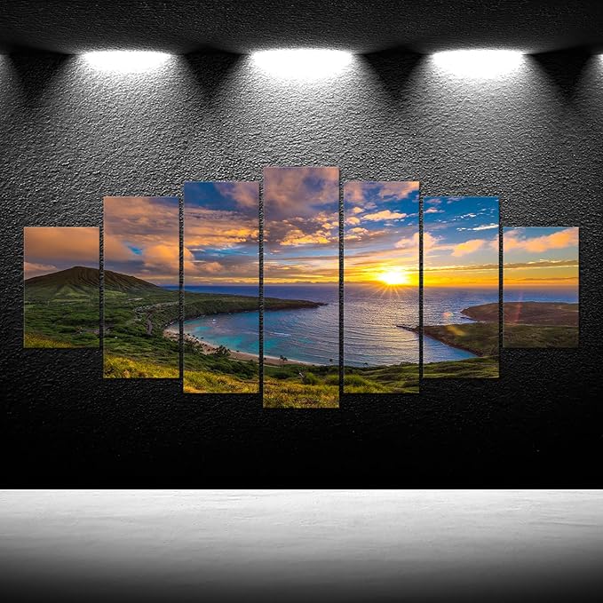 iKNOW FOTO XLarge Canvas Set of 7 Wall Art Wall Decorations Sunrise from Hanauma Bay On Oahu, Hawaii Landscape Printed Paintings for Living Room Framed Ready to Hang 70x32 Inches