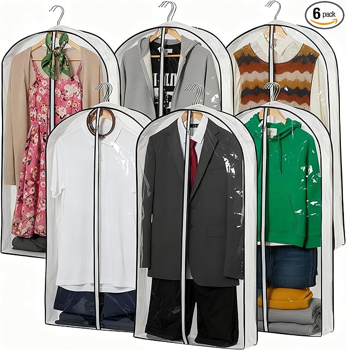 Hanging Clothes Storage with 4" Gusseted Garment Covers (Set of 6) - Clear Suit, Dress, Sweater, Shirt Protectors - 24"x 40"x 4" / 6 Pack