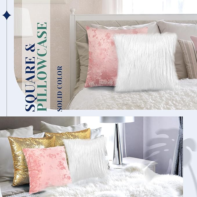 Pack of 6 Decorative Velvet Throw Pillow Covers Solid Square Soft Pillowcase Set Cushion Cases for Sofa Couch Bed Car Christmas Fall Home Decor 18 x 18 inch(Pink Gold White)