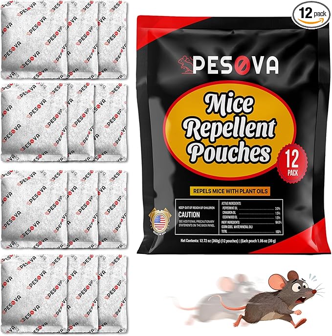 Mouse Repellent Pouches, Natural Rodent Repellent for Home, Car, RV, Garage, and Storage-Peppermint Scented Mice Repellent, Long-Lasting Indoor & Outdoor Rodent Defense (12 Pack)