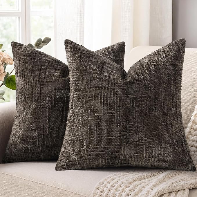 decorUhome Spring Dark Brown Chenille Throw Pillow Covers 16x16 Set of 2 Textured Soft Cozy Slubby Couch Pillow Covers Modern Farmhouse Boho Decorative Pillow Cases for Bed Sofa Living Room