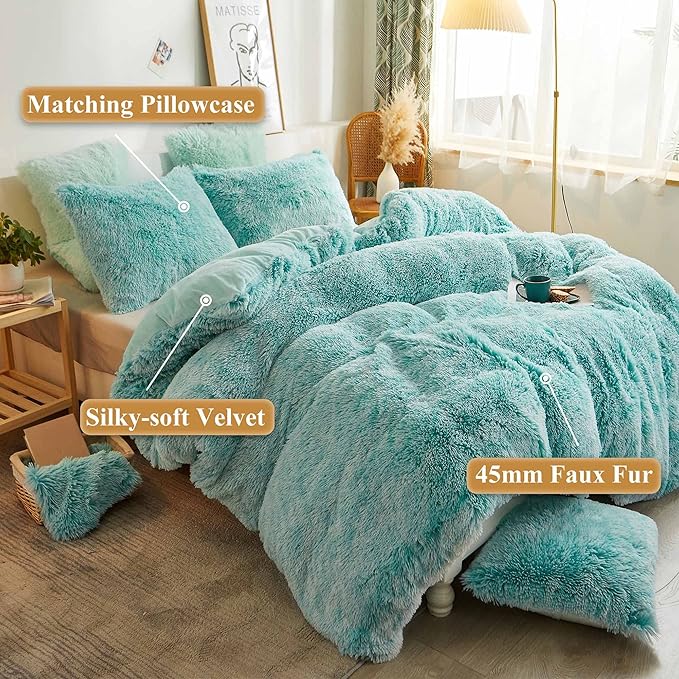 XeGe Plush Shaggy Duvet Cover Set, Luxury Ultra Soft Crystal Velvet Fluffy Bedding Sets 3 Pieces(1 Furry Faux Fur Comforter Cover + 2 Fuzzy Faux Fur Pillow Cases), Zipper Closure(Queen, Aqua Ombre)