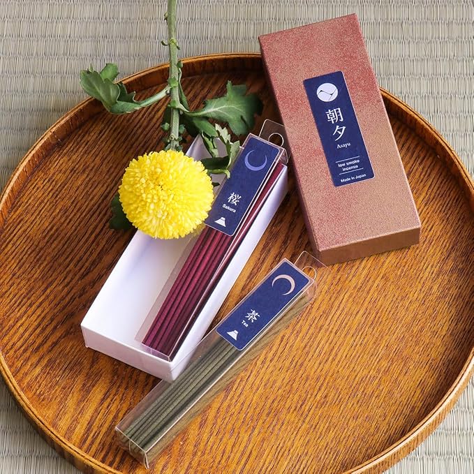 Asayu Japan 2-in-1 Low Smoke Incense Sticks Japan Set, 2 scents: Matcha Green Tea & Sakura, Japanese Incense for Morning & Evening Relax, Yoga, Meditation. Smokeless for Less Irritation