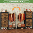 Dresser with Hanging Rack, 4 Drawers Small Closet for Bedroom, Reversible Fabric Kids Chest of Drawers with Clothes Rack, Tall Storage Tower, Sturdy Frame, Rustic Brown, 44''H