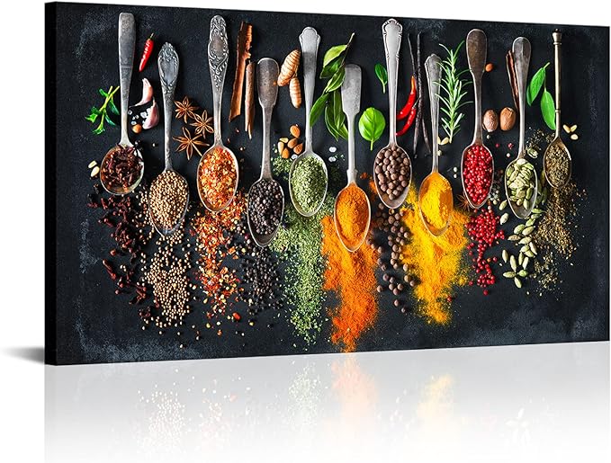 OuElegent Kitchen Canvas Wall Art Colorful Spices Herbs Seasoning Spoon Canvas Painting Colourful Artwork for Home Farmhouse Restaurant Wall Decoration Framed Ready to Hang 20"x36"