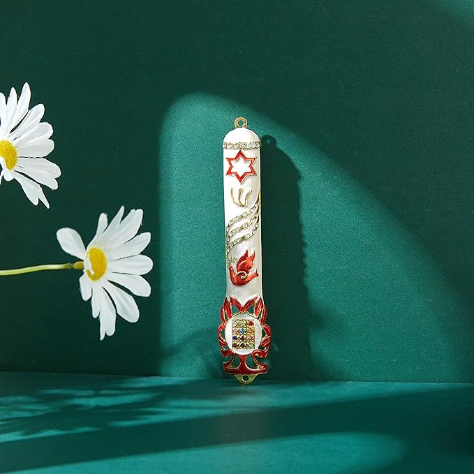 Matashi Hand Painted 5.7" Red and White Dove Mezuzah Embellished with Gold Accents and a Star of David w/Crystals Home Door Wall Decor Present House Blessing Gift for Holiday Festival