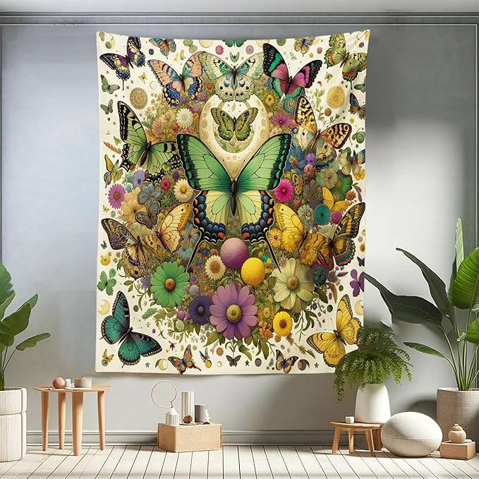 Ambesonne Boho Tapestry Twin Size, Dancing Moth and Butterfly with Colorful Leafy Jumble Flowers Witchcore, Wall Hanging Bedspread Bed Cover Wall Decor, 68" X 88", Fern Green Lilac Orange