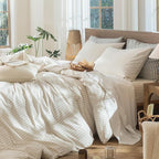 MooMee Striped Duvet Cover Set 100% Washed Cotton Linen Like Textured Breathable Durable Soft Comfy (Almond Milk Grey Classic Stripes, King 104"x90")