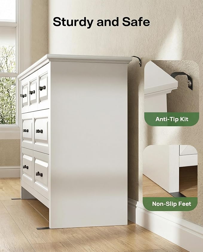 Marsail Farmhouse 7 Drawer Dresser, Wood Chest of Drawers with Natural Texture, Smooth Gliding Drawers, Versatile Storage Organizer Cabinet for Bedroom & Living Room, White