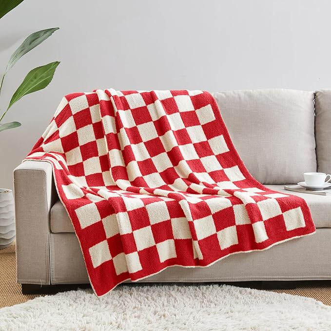 CozeCube Super Soft Fullfy Microfiber Reversible Knitted Blankets, Warm Cozy Fuzzy Plush Throw, Christmas red and White Checkered Throw Blanket for Couch Bed Sofa, 60" x 80"