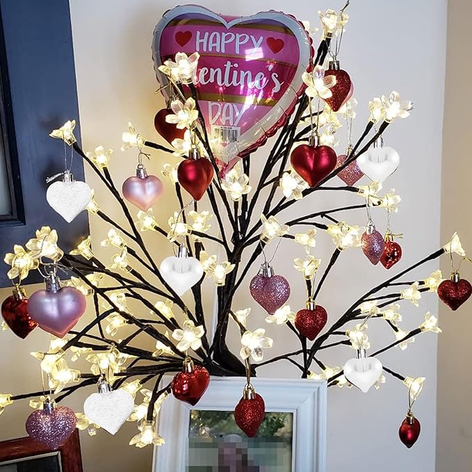 Valentine's Day Heart Ornaments for Tree - Valentine Ornaments Valentines Tree Decorations - Glitter Rose Gold Red White - Mini 24 Pcs