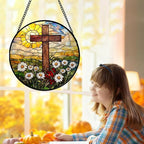 Christian Gifts for Women - Cross Stained Glass Window Hanging Easter Golden Sun Daisy Floral Sun Catcher Garden Religion Decor Mother's Day Catholic Gift for Men Grandma Nana Her 7.8"