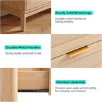 LINSY Rattan 9 Drawer Dresser for Bedroom, 58" Wide Mid-Century Modern Tall Chest of Drawers, Deep Storage Dresser with Curved Corner Design, Large Accent Wood Cabinet for Bedroom, Oak