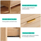 LINSY HOME Rattan Dresser with 9 Deep Drawers, 58" Wide Long Chest of Drawers, Mid Century Modern Tall Dresser, Large Wood Boho Storage Cabinet for Bedroom with Metal Handle and Durable Legs, Oak