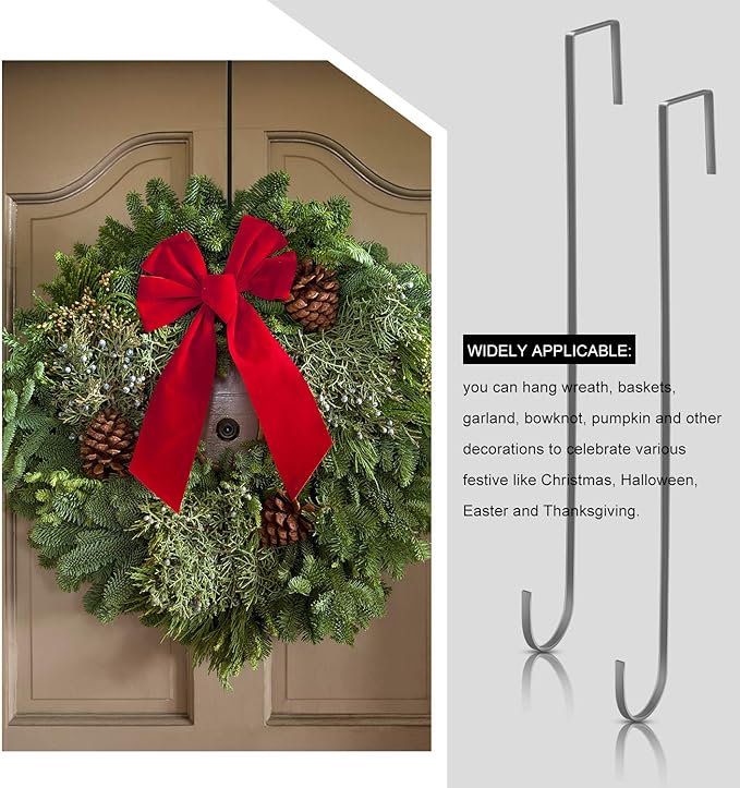 Hotop 15 Inch 6 Pcs Wreath Hangers for Front Door Over The Door Hanger Hooks Steel Wreath Doors Hangers Clothes Towel Hooks Holder for Christmas Halloween Front Decorations Welcome Sign(Black)