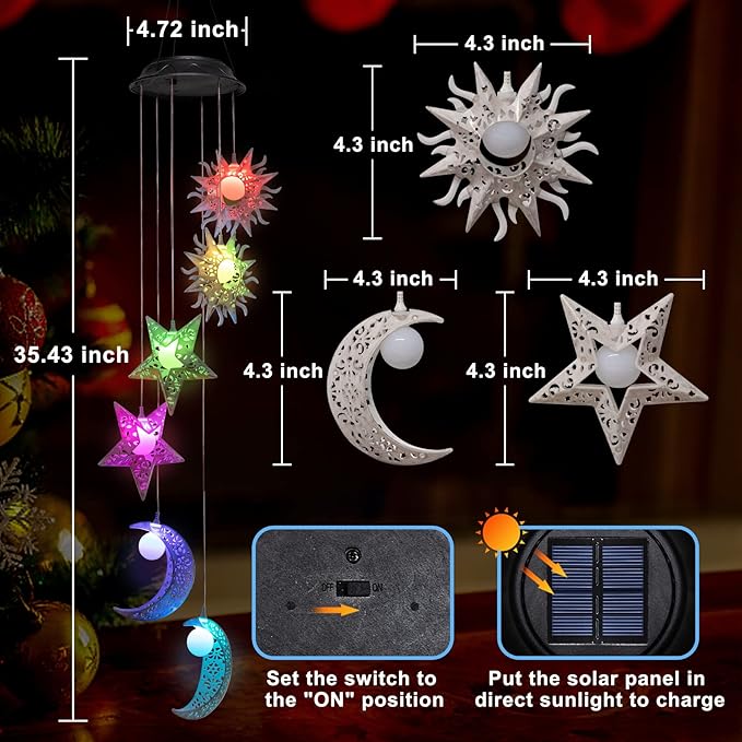 Tryme Solar Wind Chimes with Sun Moon Star Color Changing Windchimes, Outdoor Hanging Lights, Garden Decor Gifts for Mom, Grandma, Wife, Neighbors