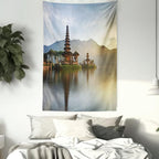 Ambesonne Balinese Tapestry, Pura Ulun Danu Building Panorama Sunrise on Lake Bratan Bali Indonesia Waterscape, Fabric Wall Hanging Decor for Bedroom Living Room Dorm, 30" X 45", Beige Brown
