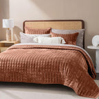 RECYCO Luxury Velvet Quilt Set Full Queen Size Bedding Sets, Ultra Soft Velvet Comforter Set, Lightweight Channel Box Stitch Oversized Bedspread Coverlet for All Season, with 2 Shams, Terracotta Fawn
