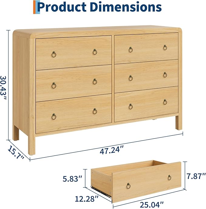 IDEALHOUSE 6 Drawer Dresser, Storage Organizer with Sturdy Metal Handle, TV Stand for 55 inch TV, Chest of Drawers for Living Room, Hallway, Closet