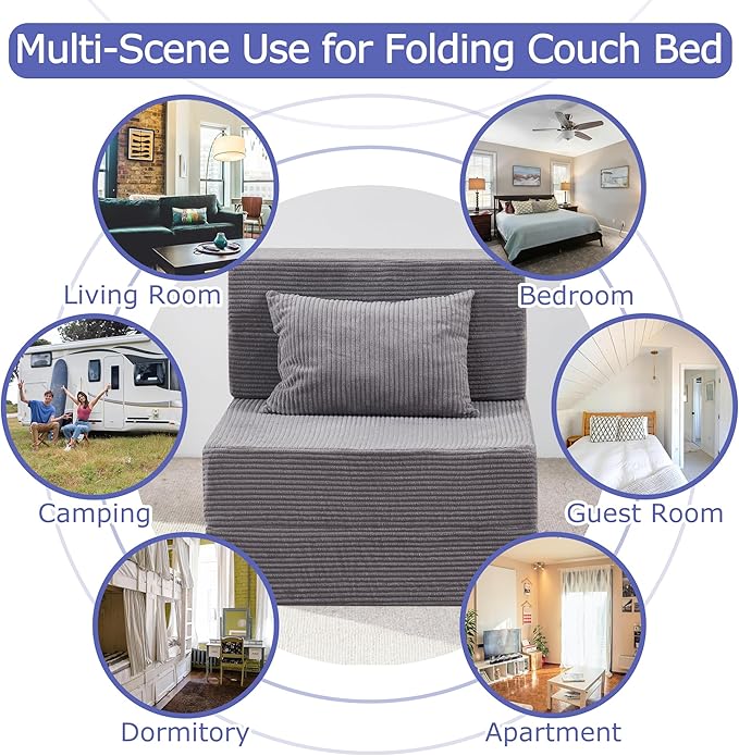 Folding Sofa Bed, 4 in 1 Convertible Sleeper Chair with Pillow, Single Memory Foam Fold Out Chair Bed, Modern Floor Futon Sofa Couch Mattress for Living Room/Guest/Apartment, Light Gray