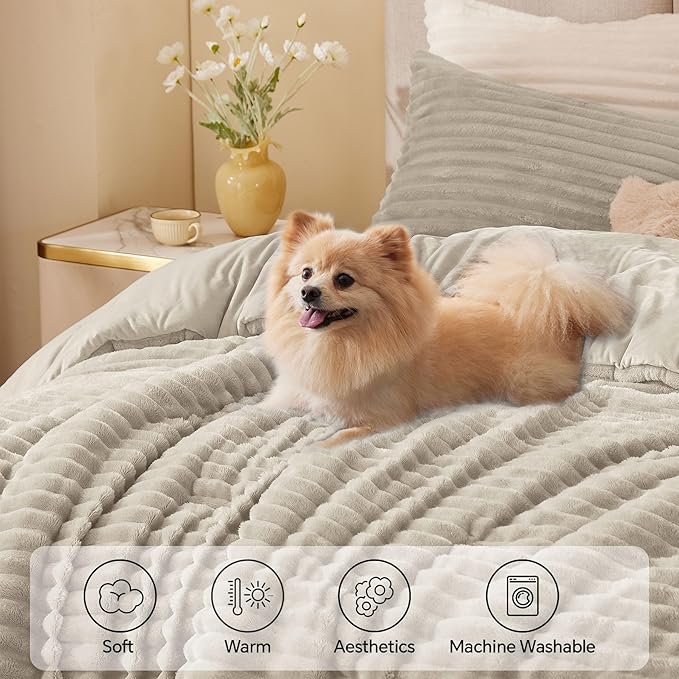 BEDELITE Fleece Full Comforter Set -Super Soft & Warm Fluffy Linen Bedding, Luxury Fuzzy Heavy Bed Set for Winter with 2 Pillow Cases