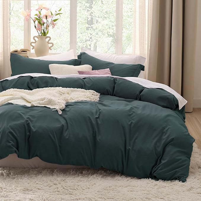 Bedsure Forest Green Oversized King Duvet Cover - 3 Pieces Prewashed Cotton-Like Polyester Extra Soft Bedding Set, Includes 1 Duvet Cover 120''x98'' with Zipper Closure & 2 Pillow Shams, No Comforter