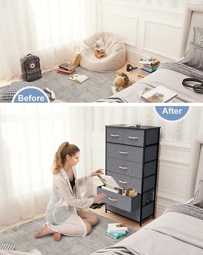 Crestlive Products Vertical Dresser Storage Tower - Sturdy Steel Frame, Wood Top, Easy Pull Fabric Bins, Wood Handles - Organizer Unit for Bedroom, Hallway, Entryway, Closets - 7 Drawers (Grey)