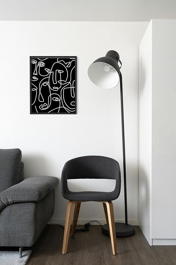 Abstract Face Pattern Wall Art Black Background White Continuous Line Drawing 11x14 Inch Oak Wood Black Framed Modern Diverse Portrait for Living Room Decor