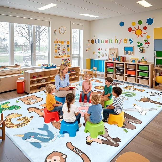 Kids Rugs for Playroom Classroom - 8x10 Feet Large ABC Rugs Kids Preschool Educational Learning Animals, Alphabet Rug for Children Toddler Nursery Kindergarten Decor, Blue