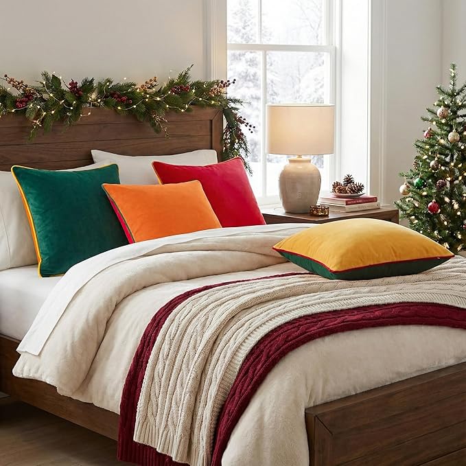 Mecatny Set of 4 Velvet Throw Pillow Covers 18x18, Soft Colorful Accent Decorative Couch Pillow Covers for Sofa Bedroom Living Room, Green/Red