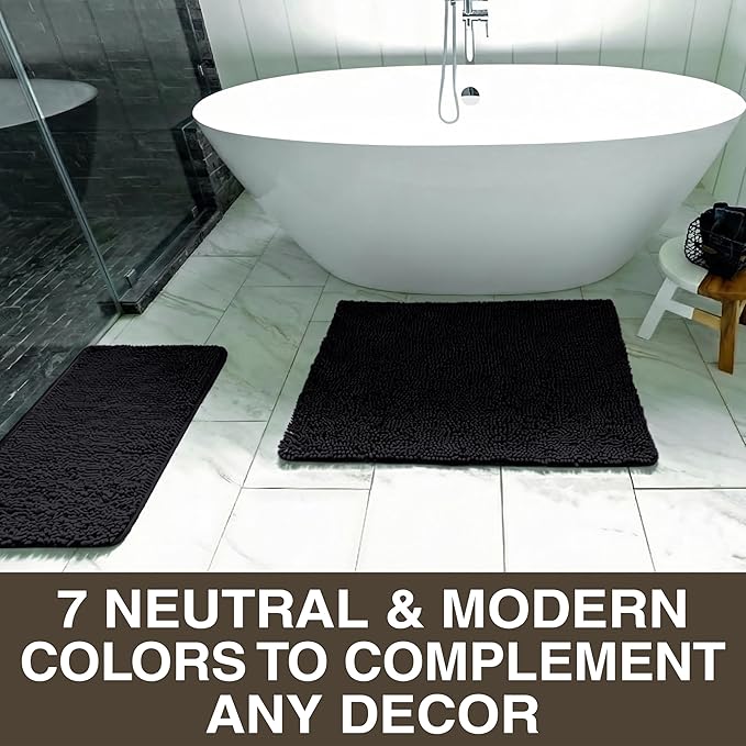 Neater Home Plush Bathroom Rugs 30x20 Thick Chenille Quick Dry Microfiber Absorbent Bath Mat, Soft Bath Rugs, Machine Washable Bathroom Floor Mat for Tub Shower Sink, Home Decor Accessories, Black