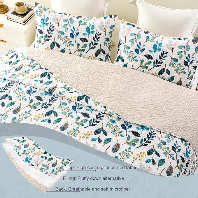 Whale Flotilla Reversible Printed Quilts Queen Size, Extra Soft Boho Floral Leaf Bedspreads for Bed Lightweight Full Queen Quilt Bedding Set Coverlets with 2 Pillow Shams for All Seasons, White Green