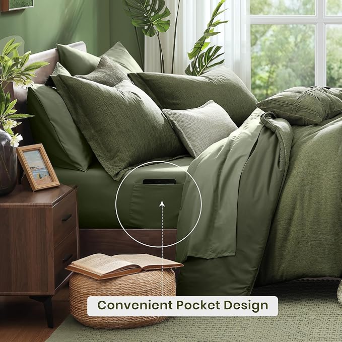 Monbix Super King Plus Comforter Set, Olive Green Cationic Dyeing Bedding Set Reversible, Bed in a Bag 7 Pieces with Comforter, Sheets, Pillowcases & Shams