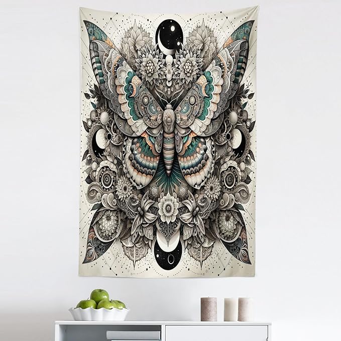 Ambesonne Mandala Tapestry, Medieval Esotery Inspired Oriental Moth with Floral Details Witchcore, Fabric Wall Hanging Decor for Bedroom Living Room Dorm, 30" X 45", Grey Yellow Green Sepia