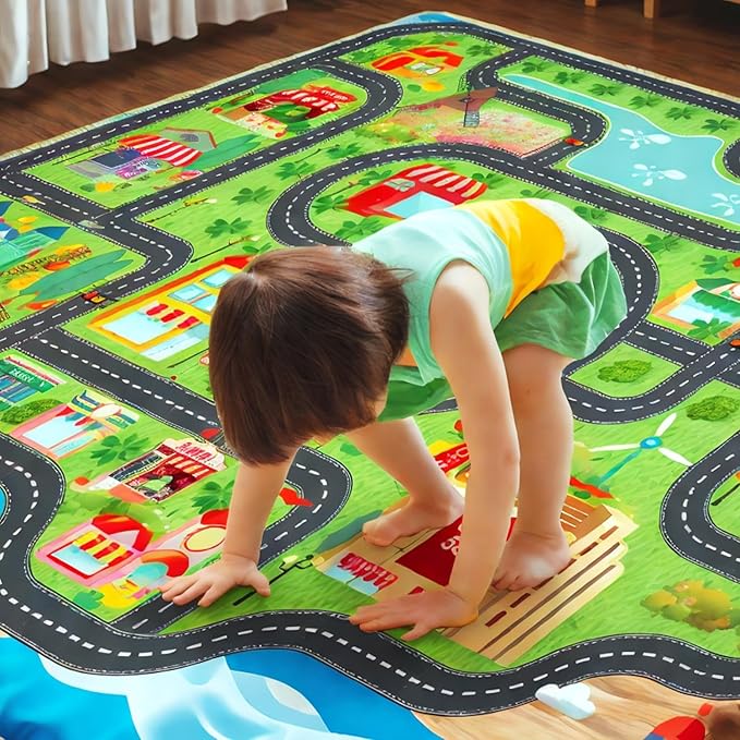 Car Rug,Kids Play Rug with Roads,Playroom Non Slip Car Track City Map for Bedroom Classroom - (59X39.4 Inches)