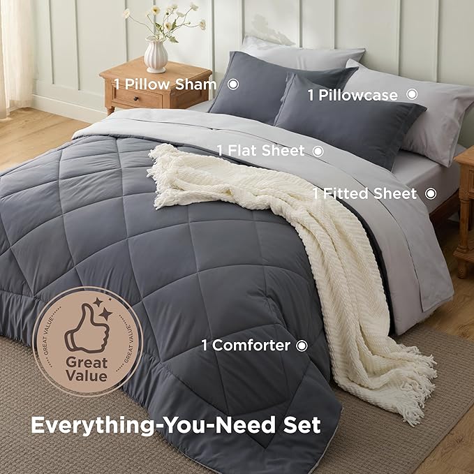 Bedsure Dark Grey Twin XL Comforter Set - 5 Pieces Reversible Twin XL Bed in a Bag for College, Extra Long Twin Bed Set Dark Grey with Comforters, Sheets, Pillowcase & Sham