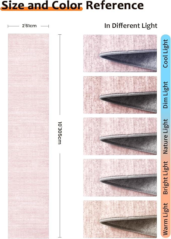 Art&Tuft Non-Slip Runner Rug - 2x10 Runner Rug Washable Low-Pile Rugs Runners, Soft Distressed Carpet Runner for Bedroom Bathroom Kitchen Laundry Living Room, Lightpink